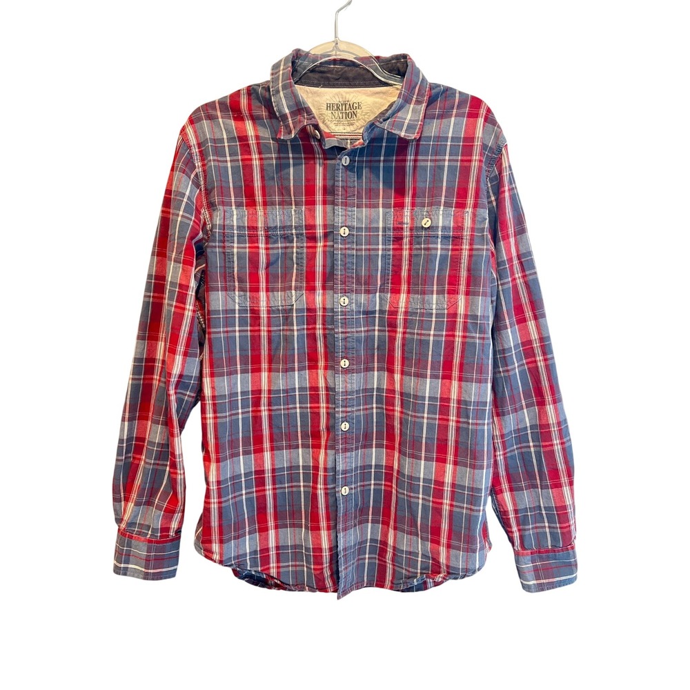 Heritage Nation Mens Large Plaid Button Down Shirt Elbow Patches Red Blue Cotton
